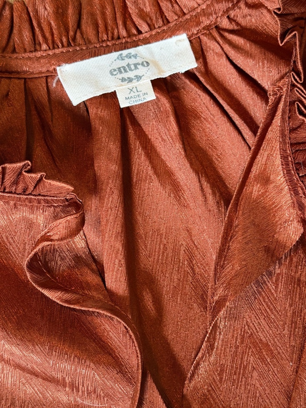 Entro Brown Satin Babydoll Blouse Boho Peasant Tie Neck Puff Sleeve XL - Picture 6 of 7